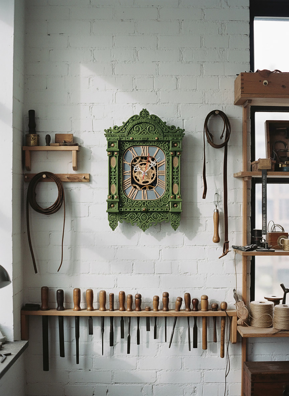 Настенные часы-наличник «Автоматон Вологда Сумерки» темно-зеленые, ручная работа, стиль Северный стимпанк