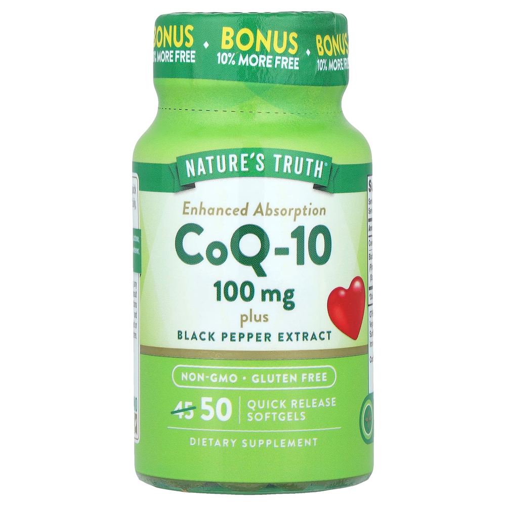 Nature's Truth, CoQ-10 с экстрактом черного перца, улучшенное усвоение, 100 мг, 50 капсул быстрого высвобождения