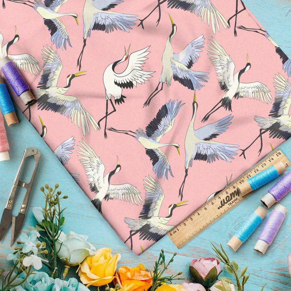 Ткань премиум бифлекс журавли на розовом