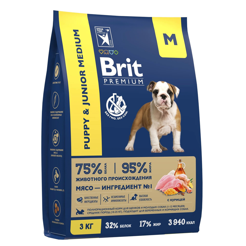 BRIT PREMIUM, Сухой корм с курицей для щенков "Dog Puppy and Junior Medium", 3кг,