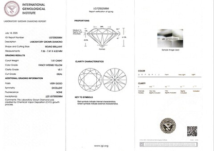 Лабораторно-выращенный бриллиант круг 7.36 х 7.41 х 4.52 мм Fancy INTENSE YELLOW/VS1 1.51 ct