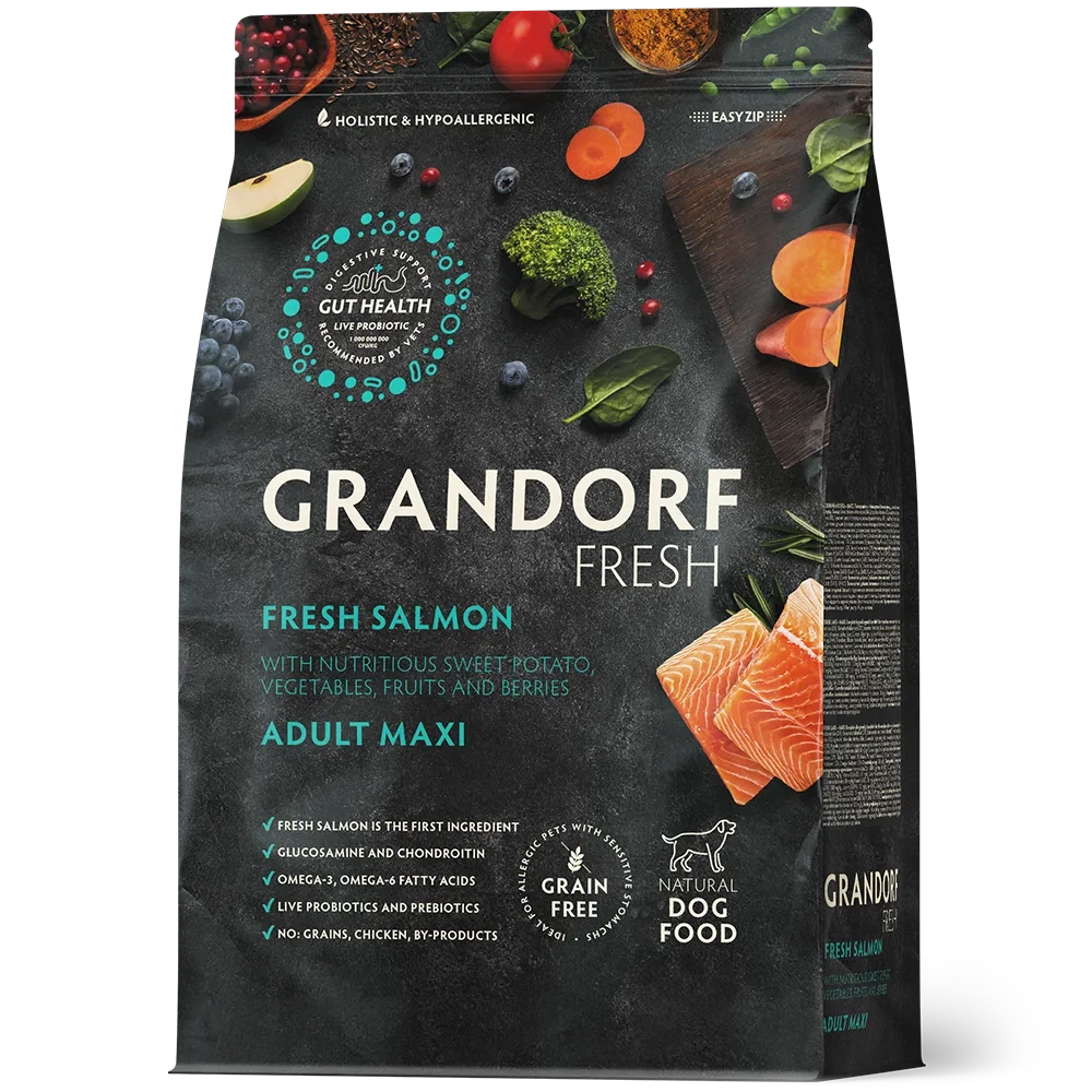 Grandorf Fresh, Fresh Salmon & Adult Maxi для собак крупных пород (Свежее филе лосося с бататом)