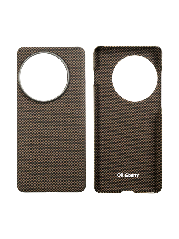 Карбоновый чехол для Oneplus 13 с MagSafe черно-бежевый (Gold Plain Weave) шахматное плетение