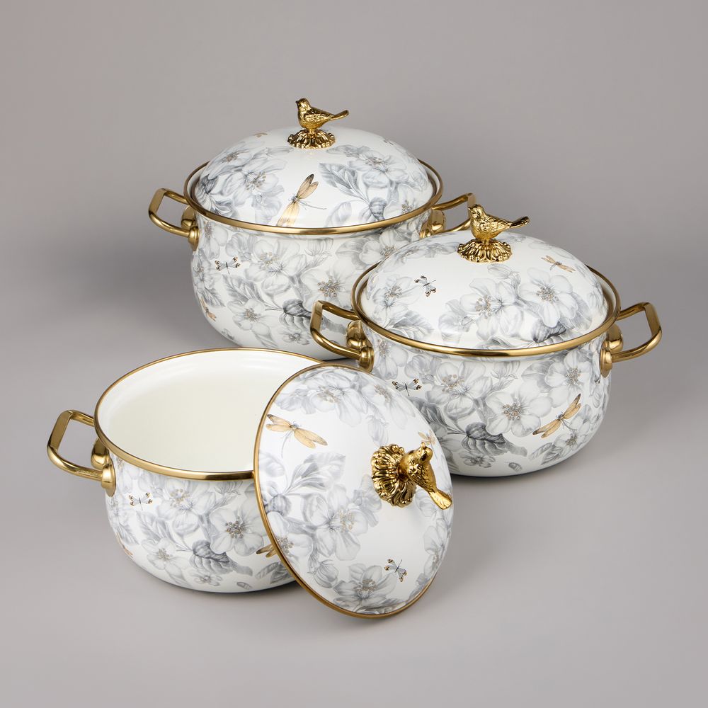 НАБОР КАСТРЮЛЬ AGNESS ЭМАЛИРОВАННЫХ СЕРИЯ "ЯБЛОНЕВЫЙ САД", 6ПР. 2,1Л, 2,8Л И 3,8Л