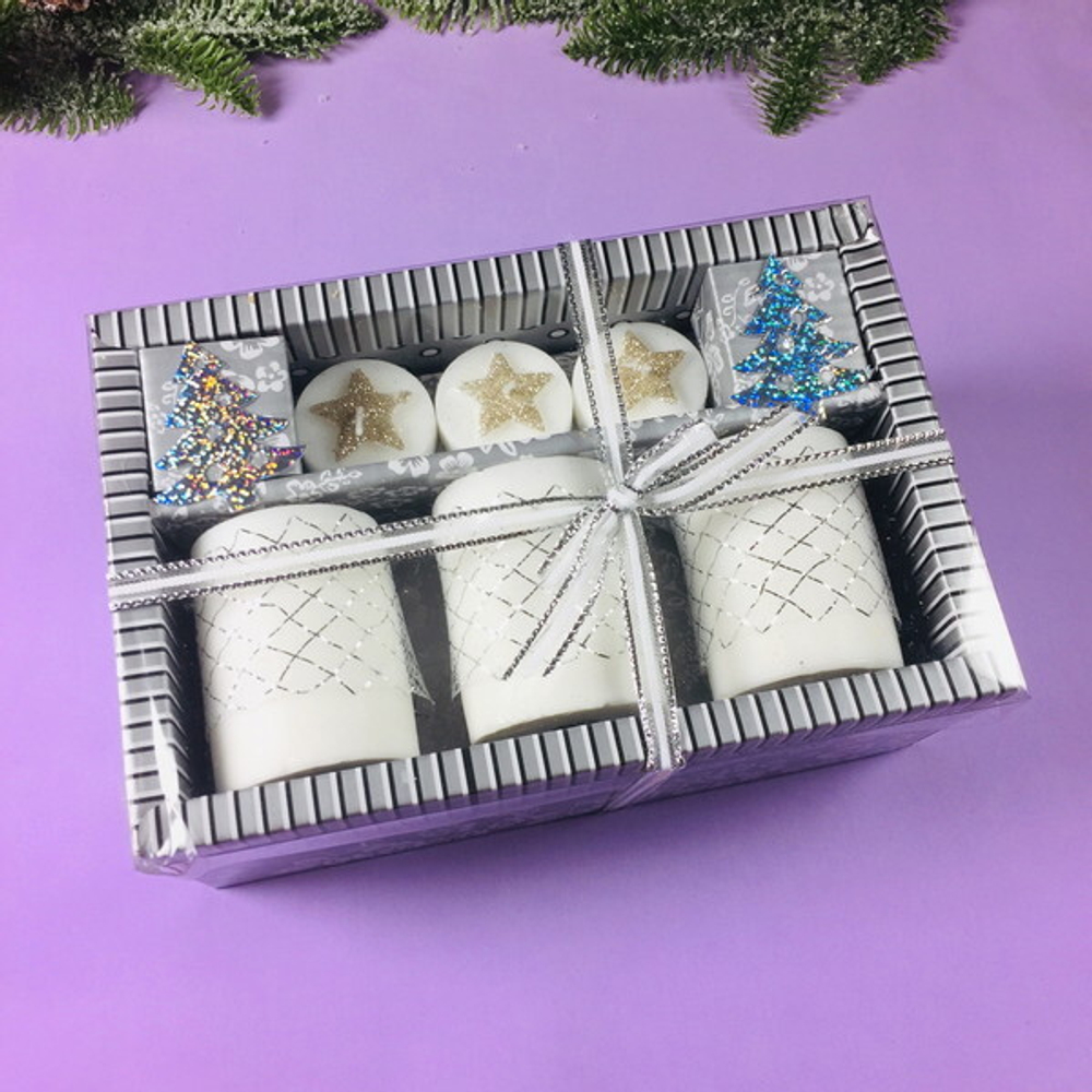 Набор свечей новогодних «Снежный иней» 20,5*14*7,5 см, серебро