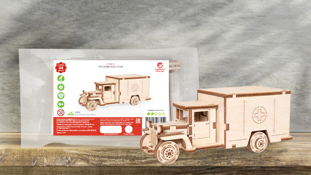 Грузовичок ЛТ-М "Скорая" от Lemmo - Деревянный конструктор, сборная модель, для детей