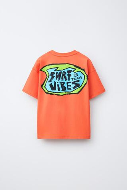 ZARA ФУТБОЛКА С ПРИНТОМ "СЕРФИНГ", ОРАНЖЕВЫЙ