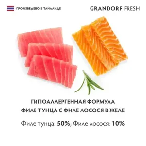 Консервы GRANDORF Fresh для кошек и котят, филе тунца с филе лосося в желе