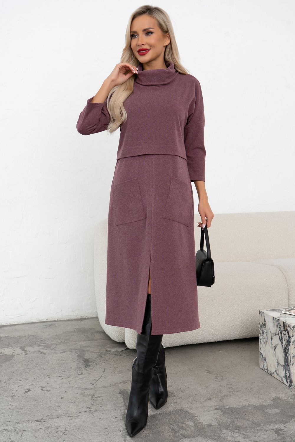 Платье трикотажное с разрезом (сливовый) Р11-2008/7 Nikol