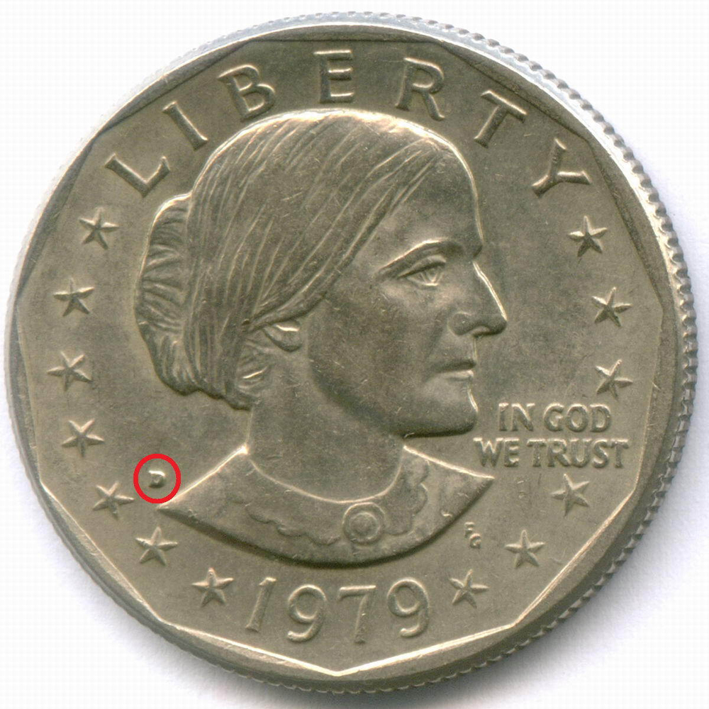 1 доллар 1979 год (D). США. Сьюзен Энтони. Медь с медно-никелевым покрытием, диаметр 26.5 мм. AUNC