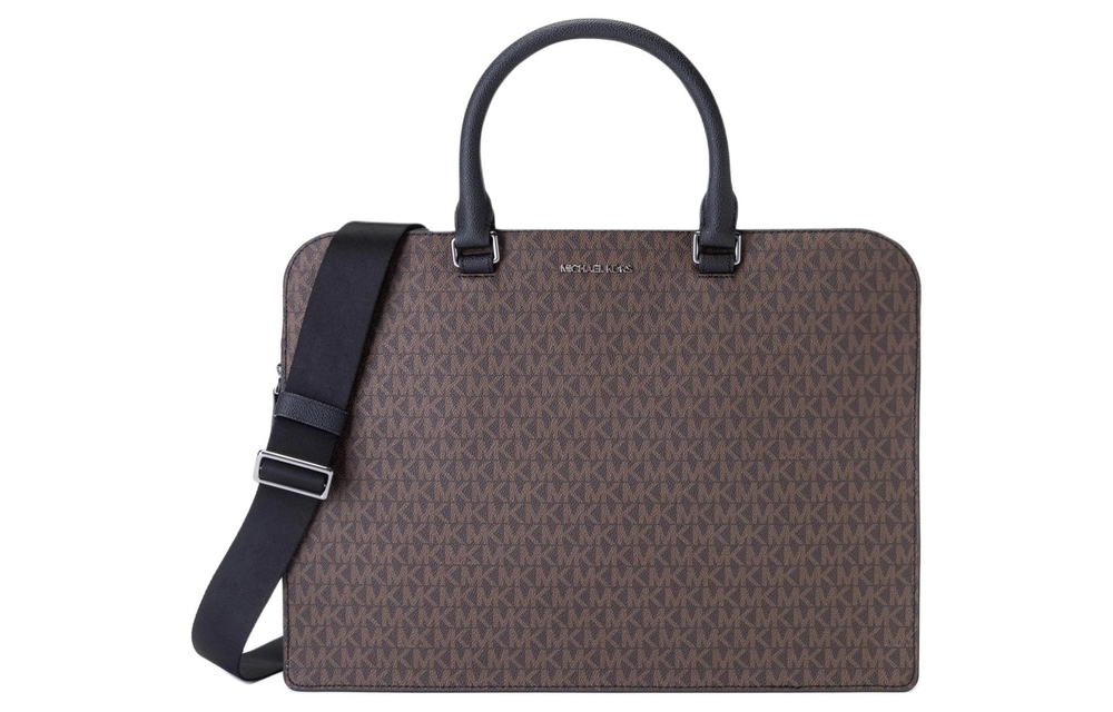 MICHAEL KORS Hudson Coated Canvas Shoulder Bag, Crossbody Bag, Handbag, Briefcase Large Men"s Dark Brown & Black