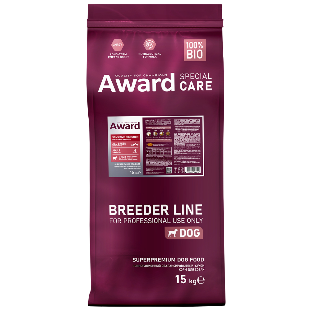 Сухой корм AWARD PFB SPECIAL CARE Sensitive Digestion для взрослых собак всех пород с чувствительным пищеварением со свежим мясом ягненка 15кг
