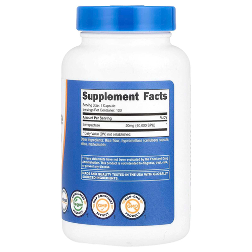 Nutricost, Серрапептаза, 20 мг (40 000 SPU), 120 капсул