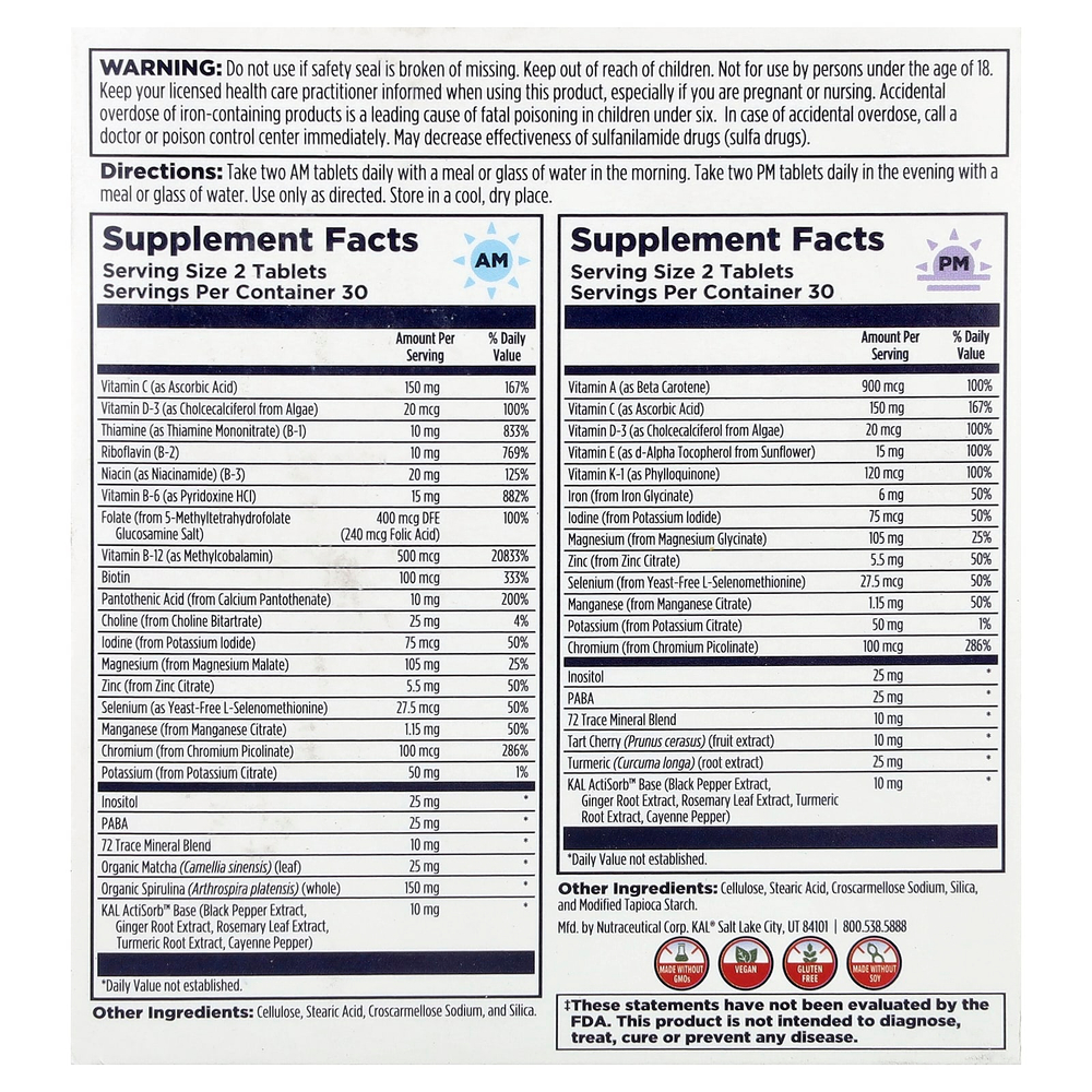 KAL, Мультивитамины, для приема утром и вечером, 2 пакетика, 60 таблеток в каждой