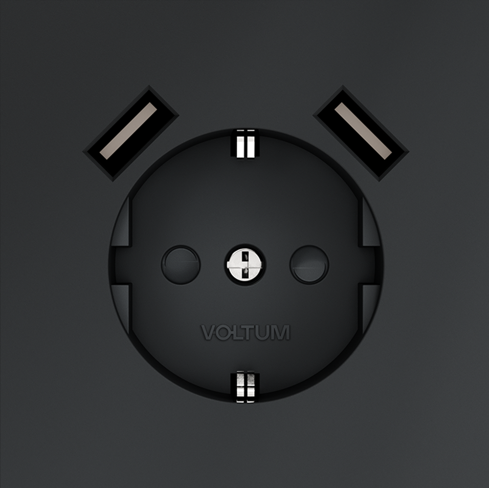 Розетка встраиваемая VOLTUM S70 с заземлением и защитными шторками, 16А, с USB, A+A, (графит)