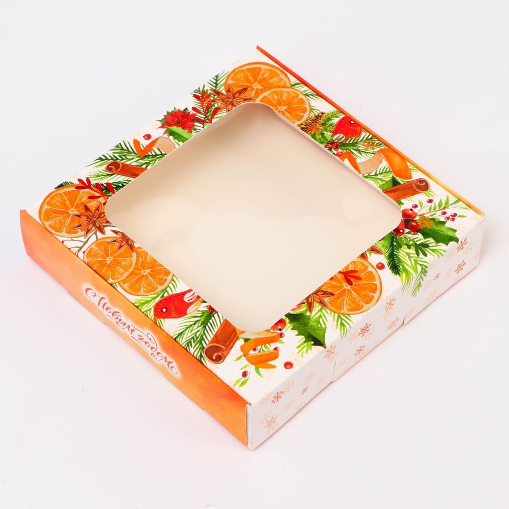 Подарочная коробка сборная с окном "С Новым годом!", 13 х 13 х 3 см