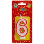Свеча для торта с красной окантовкой с блестками Цифра 6 С-2411