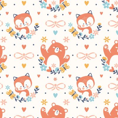 Милашки: забавный медвежонок и лисёнок. Весенний детский принт с цветами