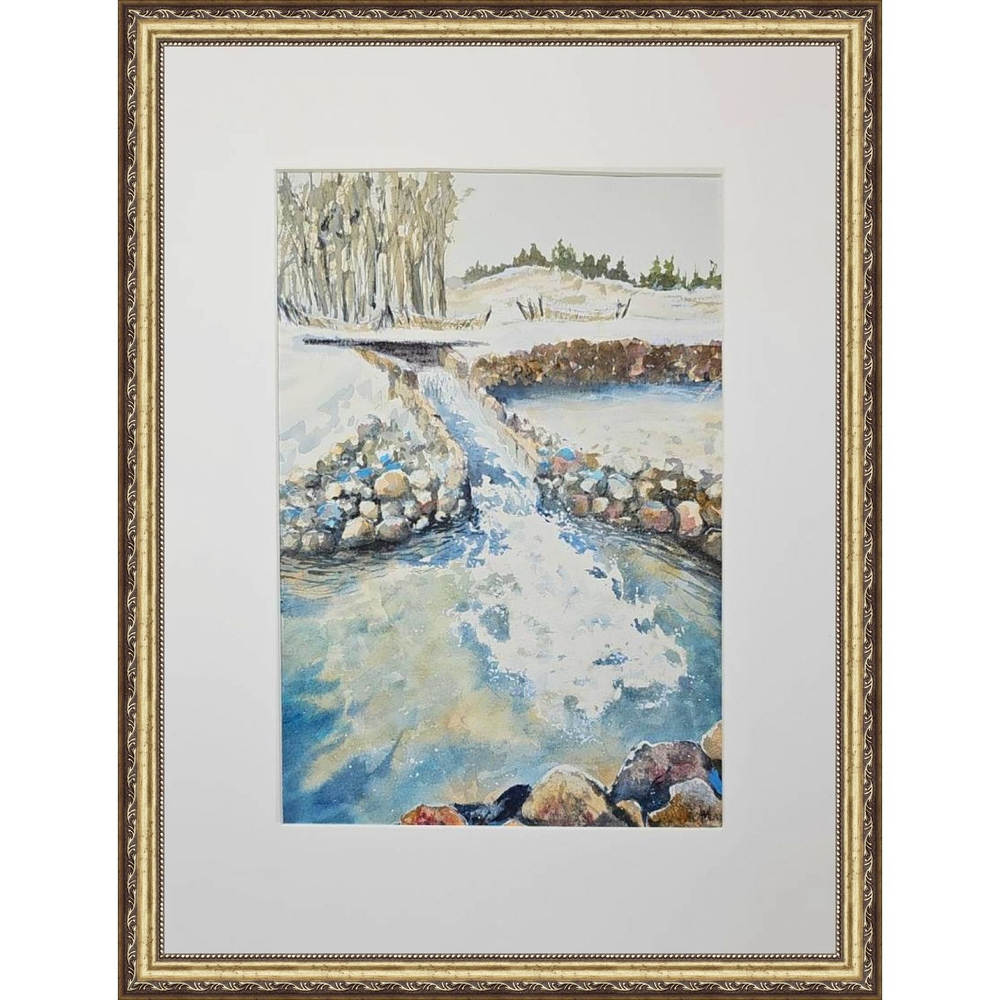 Картина авторская акварельная в паспарту 30х40 см на стену для интерьера "Нижний водопад в Веребково"