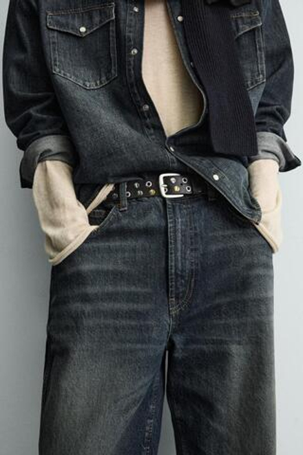 ZARA КОЖАНЫЙ РЕМЕНЬ С ЗАКЛЕПКАМИ, ЧЕРНЫЙ