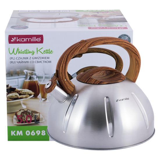 Чайник 5 л. из нержавеющей стали со свистком Kamille KM-0698 и коричневой бакелитовой ручкой