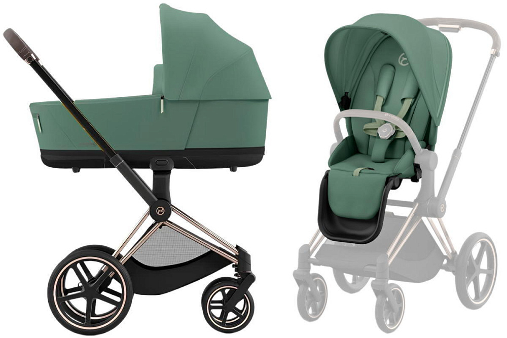 Коляска 3 в 1 Cybex Priam IV Rosegold complete и автокресло Cloud T i-Size Cozy Beige Plus Leaf Green