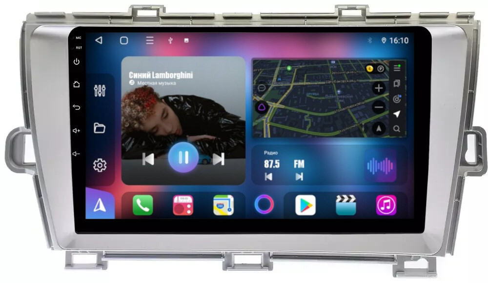 Магнитола для Toyota Prius 30 2009-2015 (левый руль, рамка серебро) - FarCar BM9539LSM на Android 13, QLED, TS10, 4Гб+32Гб, CarPlay, 4G SIM-слот