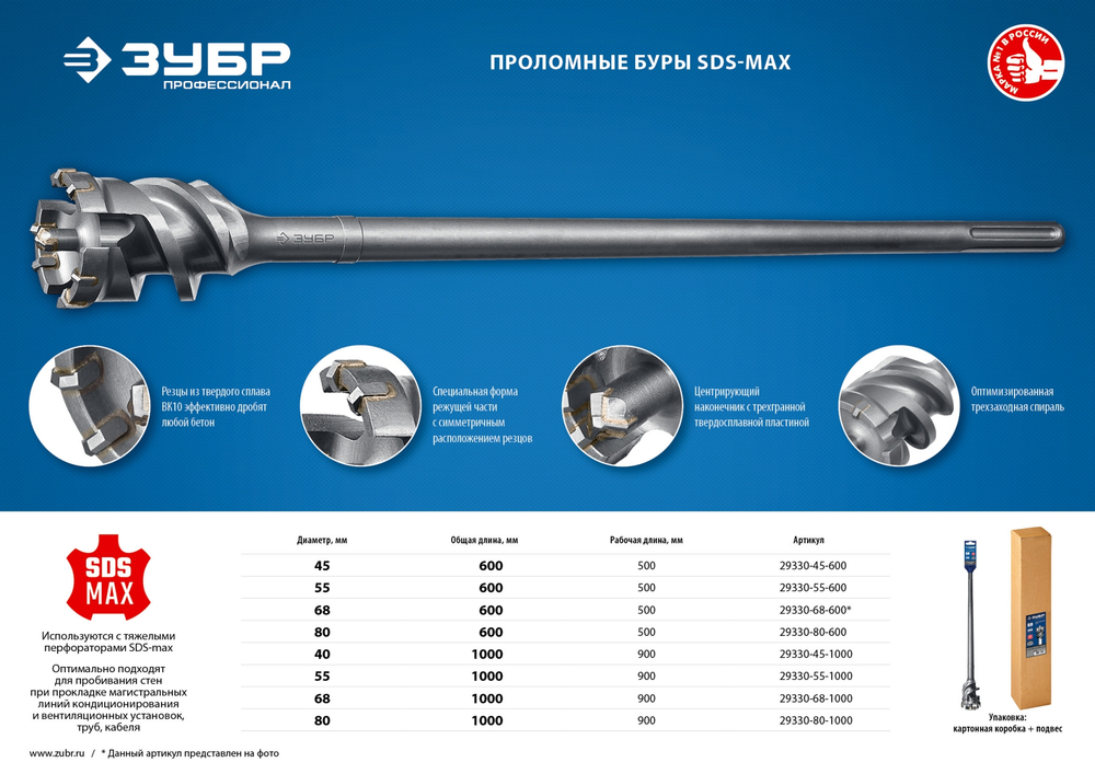 ЗУБР 45 х 900/1000 мм, SDS-max проломной бур, Профессионал (29330-45-1000)