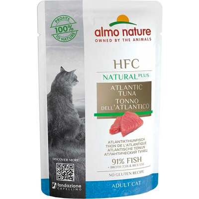 Almo Nature консервы для кошек "HFC Natural Plus" с атлантическим тунцом (91%  рыбы) 55 г пакетик
