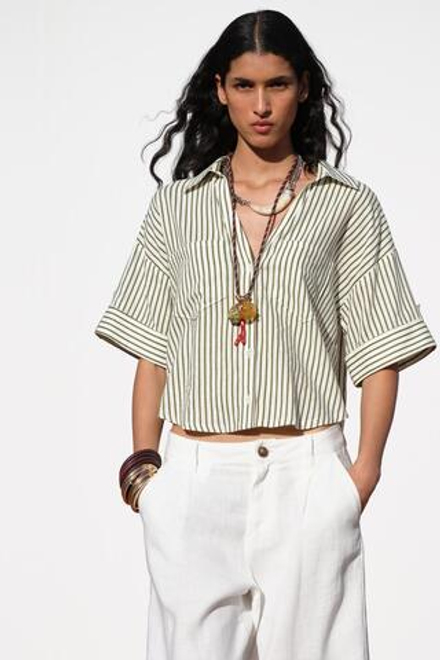 ZARA УКОРОЧЕННАЯ РУБАШКА ИЗ СМЕСОВОГО ЛЬНА ,ЭКРЮ/ХАКИ