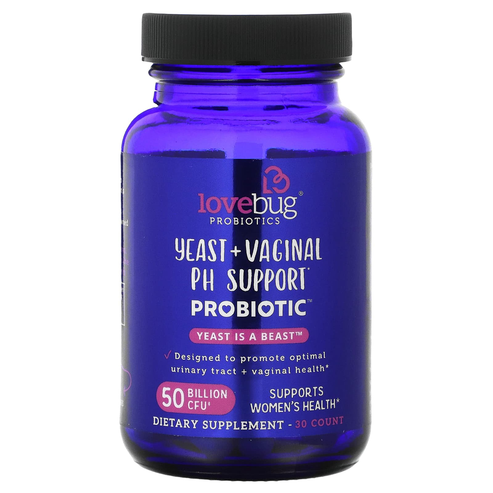 LoveBug Probiotics, дрожжи и пробиотик для поддержки уровня pH влагалища, 50 млрд КОЕ, 30 капсул