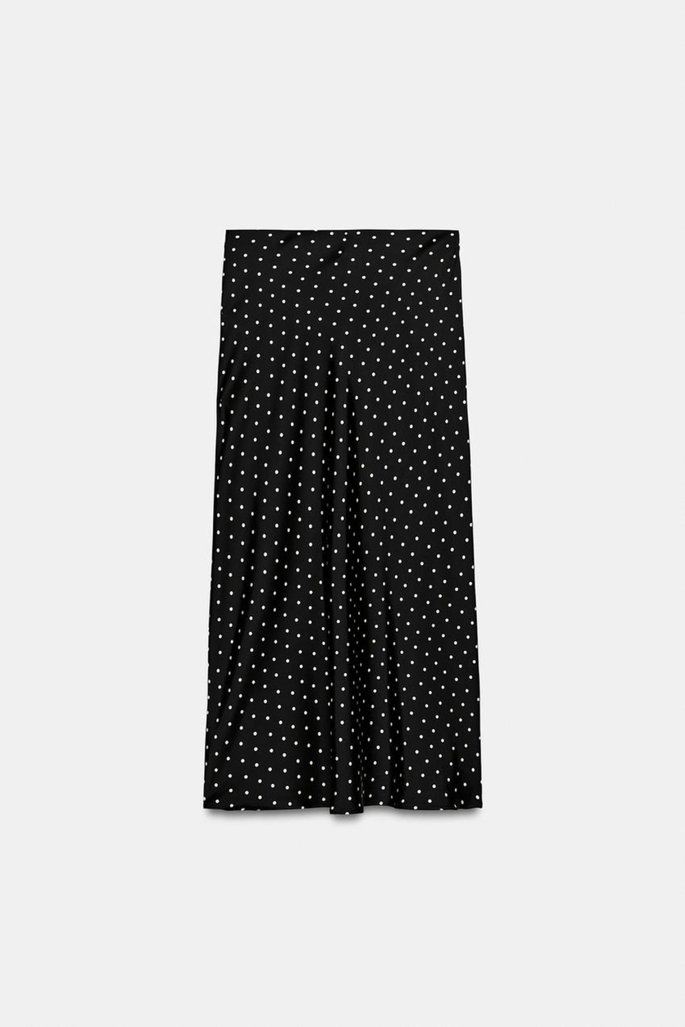 ZARA АТЛАСНАЯ ЮБКА МИДИ В ГОРОШЕК, ЧЕРНЫЙ/БЕЛЫЙ
