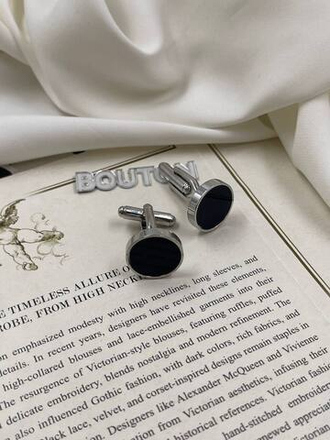 Запонки серебристые черные круглые