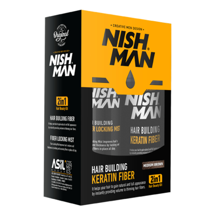 NISHMAN HAIR BUILDING KERATIN FIBER & LOCKING MIST SPRAY SET, MEDIUM BROWN - Загуститель для коричневых волос 2в1