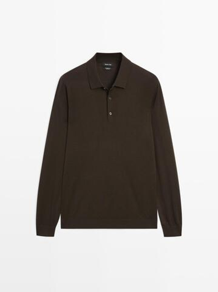 Massimo Dutti Трикотажное свитер поло из 100% мериносовой шерсти, коричневый
