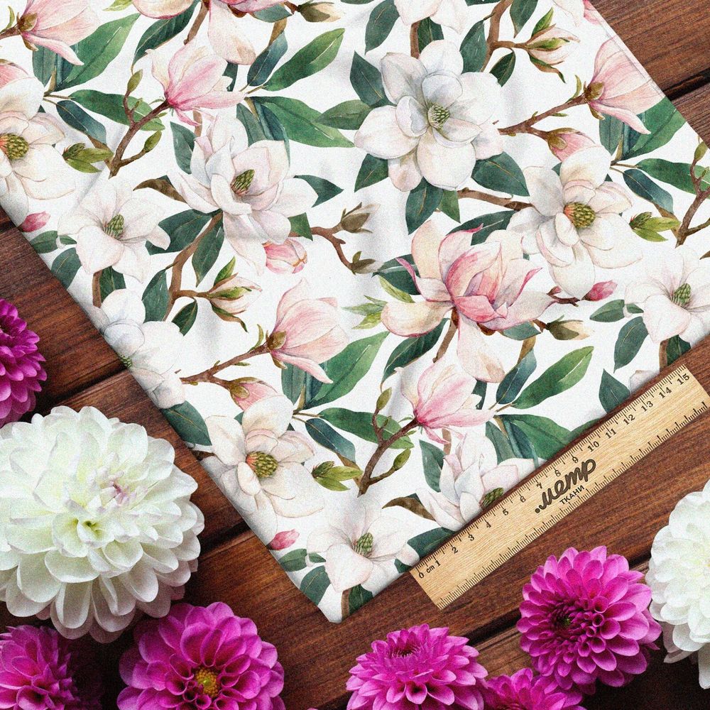 Ткань дюспо пышные бело-розовые цветы