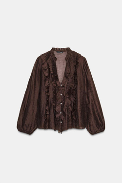 ZARA БЛУЗА С ВОЛАНАМИ, КОРИЧНЕВЫЙ