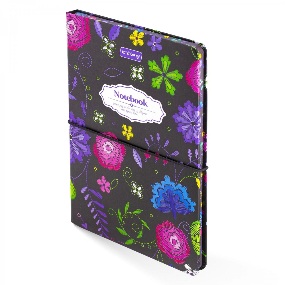 Записная книжка, А5, Yalong, 7БЦ, матовая ламинация, поролон, на резинке, клетка, цветной срез, 80 л., "Вышивка на черном", ассорти