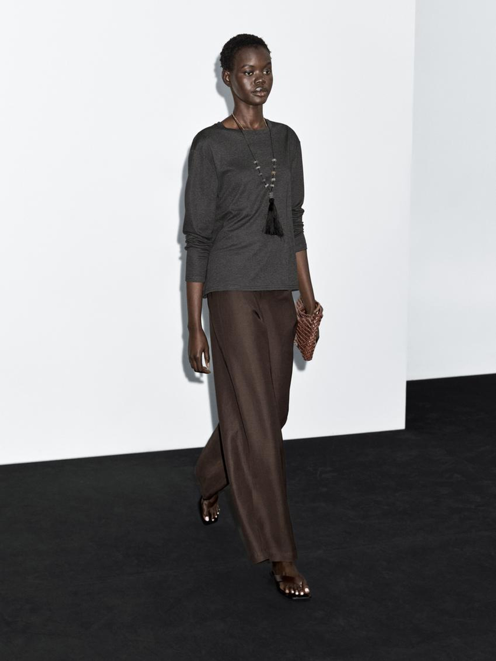 Massimo Dutti Футболка из 100% хлопка с длинным рукавом, антрацитово-серый