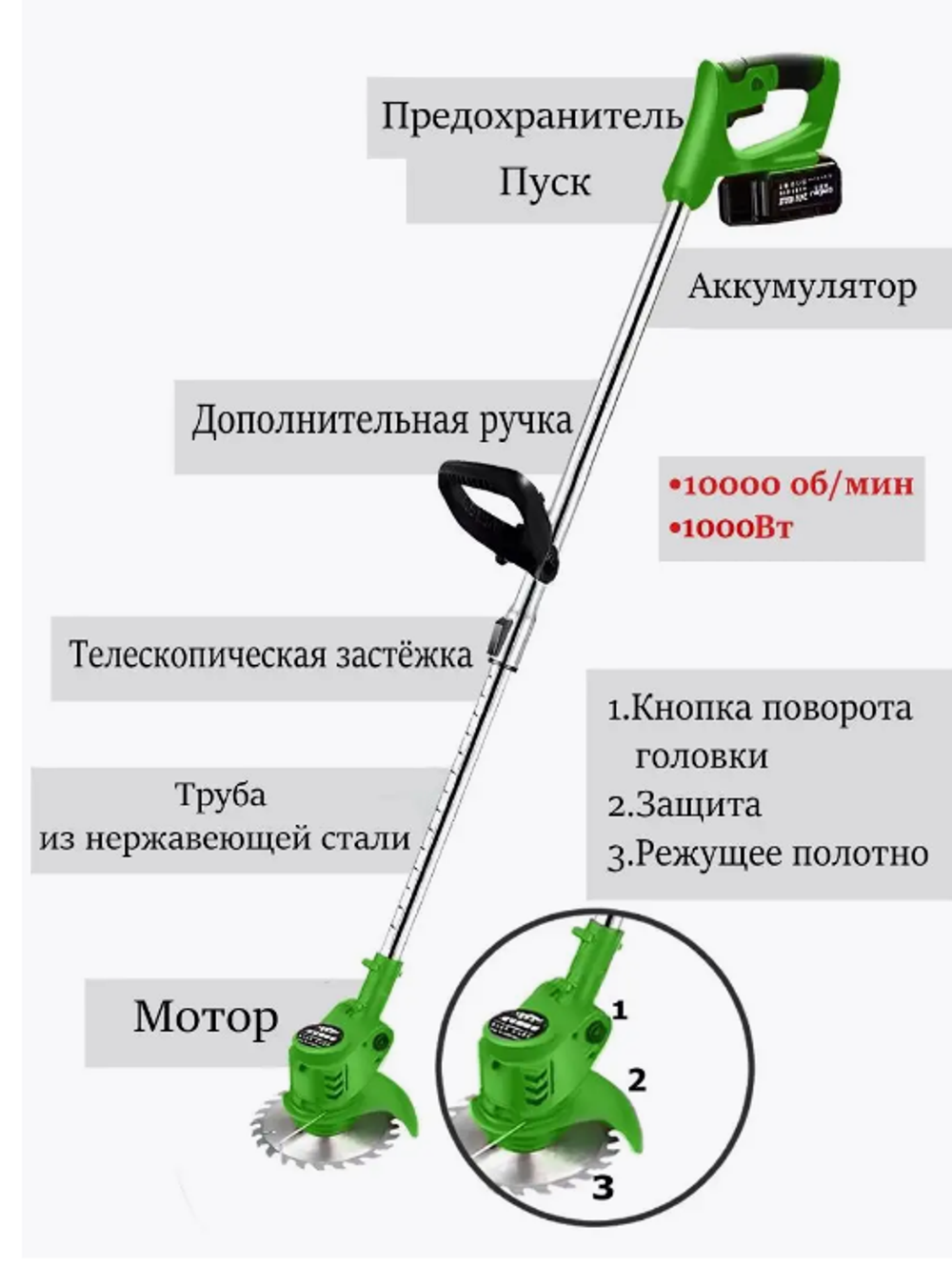 Триммер садовый аккумуляторный для травы 800W