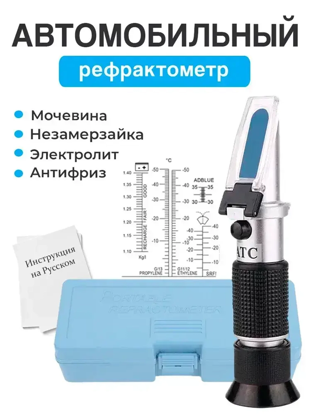 Автомобильный рефрактометр 4 в 1 - (RZ115), для антифриза, охлаждающей жидкости, электролита и мочевины