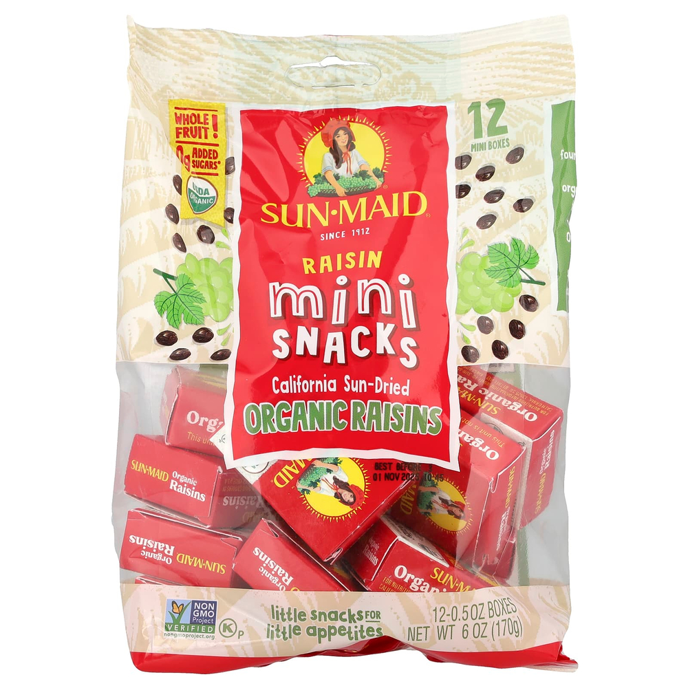 Sun-Maid, мини-снеки из органического изюма, сушеного на солнце, 12 упаковок по 0,5 унции