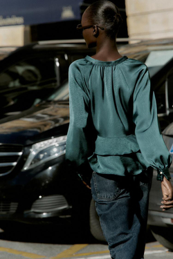 ZARA БЛУЗА С ВОЛАНАМИ, СИНЕ-ЗЕЛЕНЫЙ