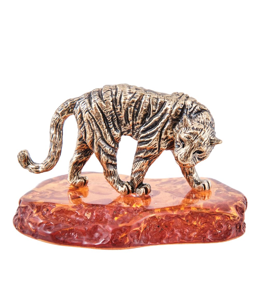 Народные промыслы AM-3974 Фигурка «Тигр Саванна Охотник» (латунь, янтарь)