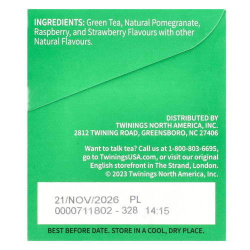 Twinings, зеленый чай, гранат, малина и клубника, 20 чайных пакетиков, 30 г (1,06 унции)