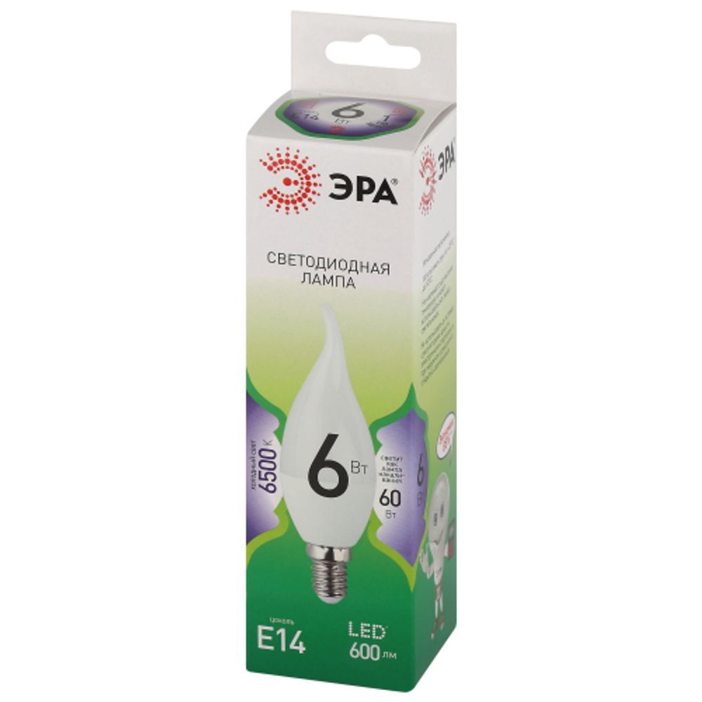 Лампа светодиодная ЭРА GREEN LINE LED BXS-6W-865-E14 GL 6Вт свеча на ветру холодный свет E14 | Лампы cветодиодные Свеча (B/C)
