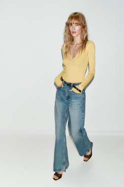 ZARA ДЖИНСЫ Z1975 С ВЫСОКОЙ ПОСАДКОЙ, ЗАУЖЕННЫЕ КНИЗУ, С РЕМНЕМ, ГОЛУБОЙ