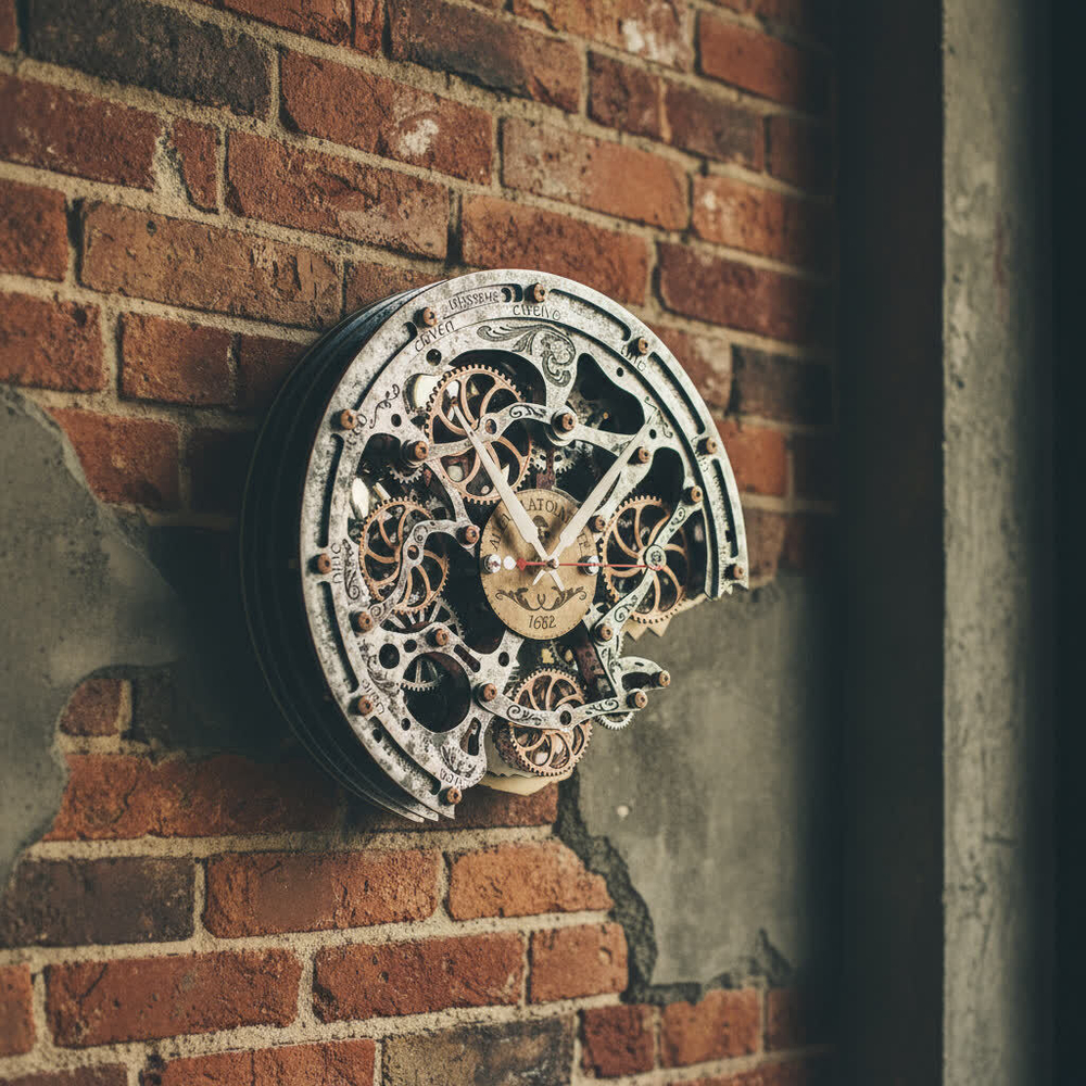 Механические часы с шестерёнками на серой стене в индустриальном интерьере — золотые стрелки, ручная покраска, стимпанк.
