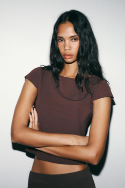 ZARA ФУТБОЛКА С КОРОТКИМИ РУКАВАМИ, ШОКОЛАДНЫЙ