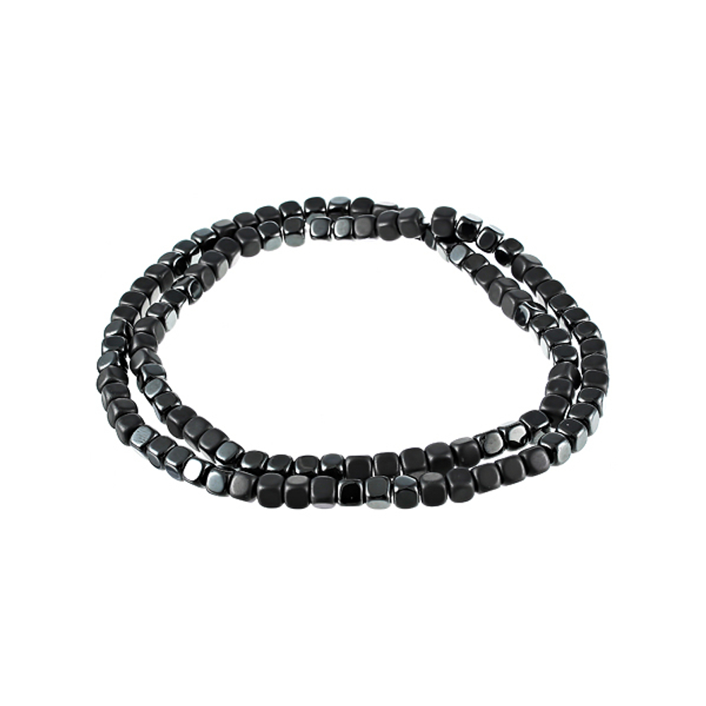 Стильный солидный модный мужской браслет на два оборота тёмно-серый из камня гематита на резинке JV TOE-688-601 в подарочной упаковке